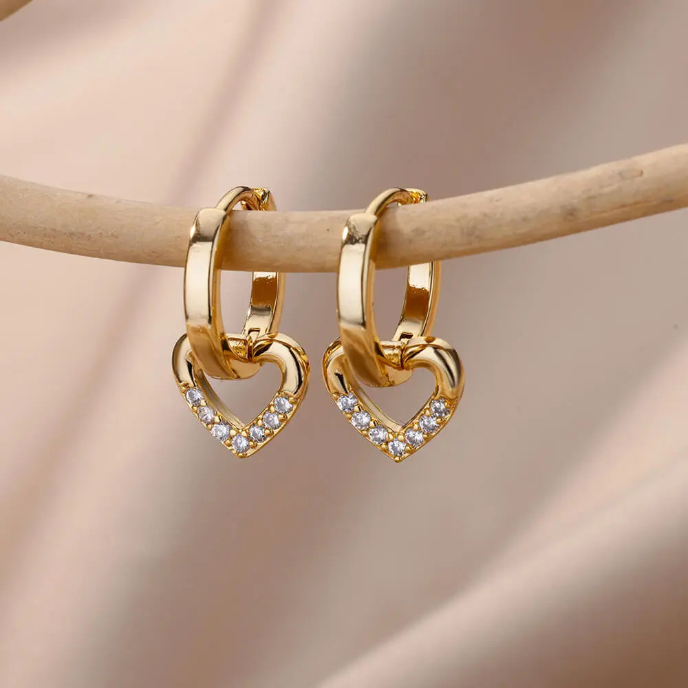 Vintage Zircon Heart Earrings For Women Stainless Steel Gold Plated