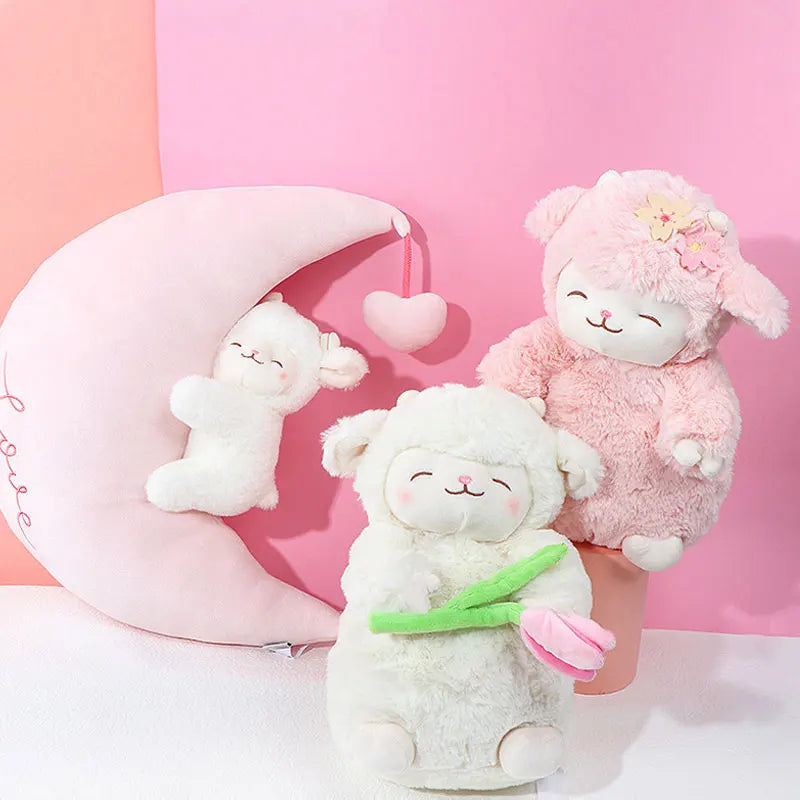 Sweet White Sheep Lam Hold Tulip Flower Plush Doll