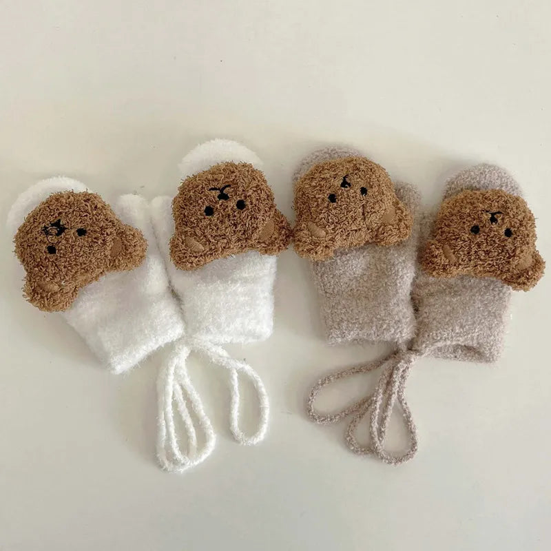 1-4Y Cartoon Bear Baby Mittens Winter Warm Kids Baby Girl Gloves