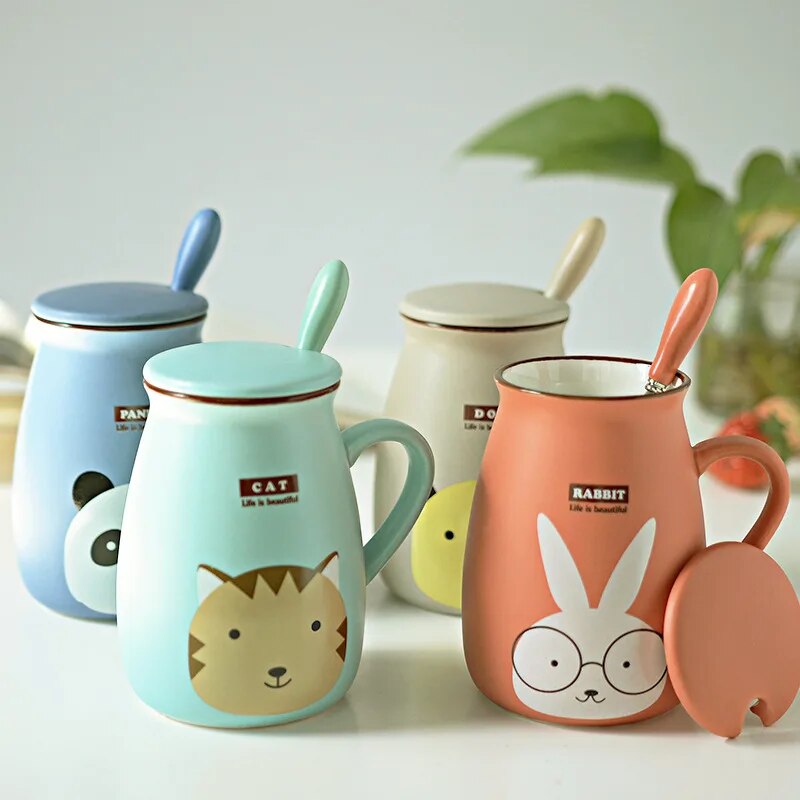 Cute Cartoon Kids Mugs Lids Spoon