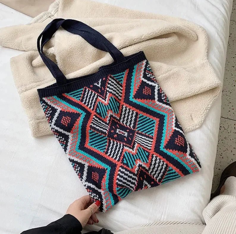 Crochet Knitted Tote Bag Bohemian Boho Chic Aztec