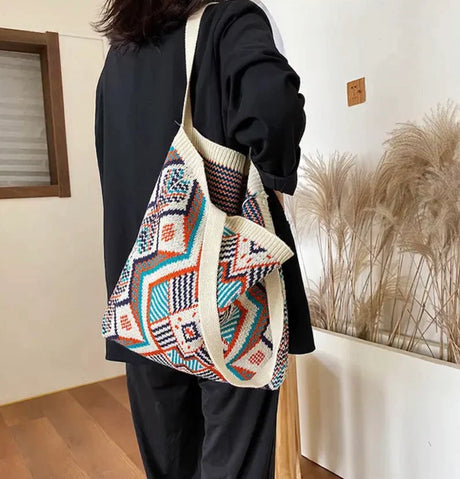 Crochet Knitted Tote Bag Bohemian Boho Chic Aztec