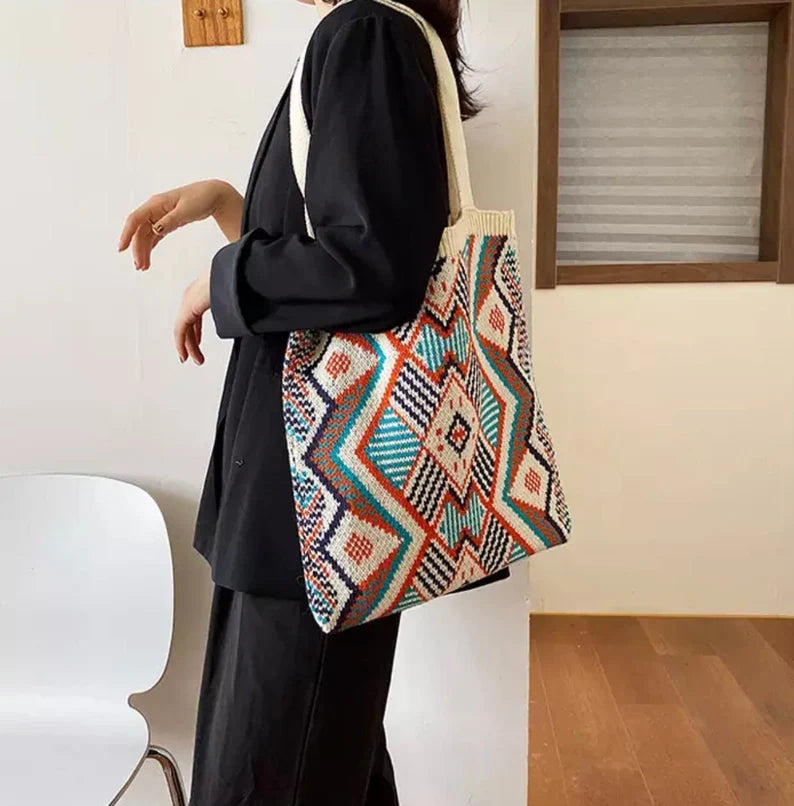 Crochet Knitted Tote Bag Bohemian Boho Chic Aztec